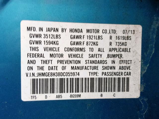 JHMGE8H38DC055974 - 2013 HONDA FIT BLUE photo 10