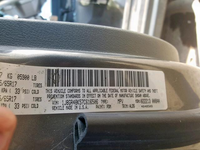 1J8GR48K57C616506 - 2007 JEEP GRAND CHER GRAY photo 10