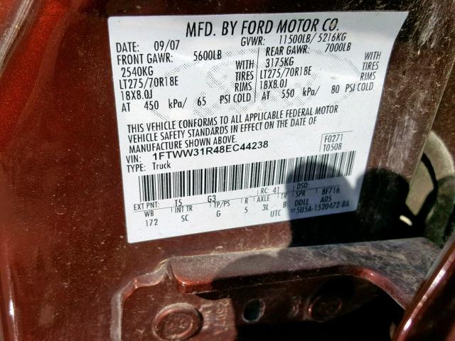 1FTWW31R48EC44238 - 2008 FORD F350 SRW S BURGUNDY photo 10