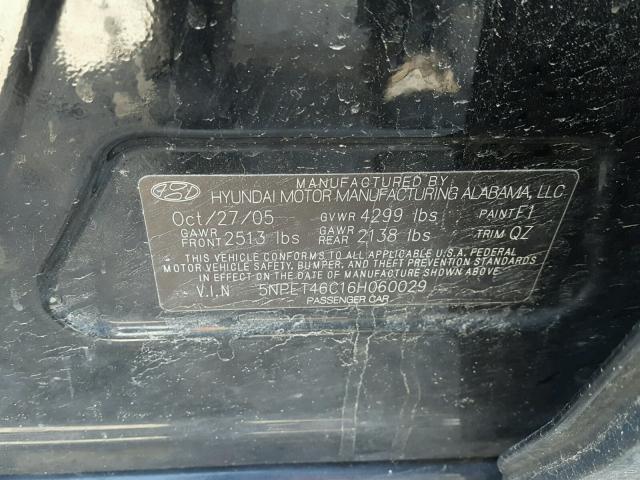 5NPET46C16H060029 - 2006 HYUNDAI SONATA GL BLACK photo 10