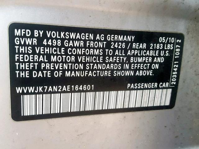 WVWJK7AN2AE164601 - 2010 VOLKSWAGEN PASSAT KOM SILVER photo 10