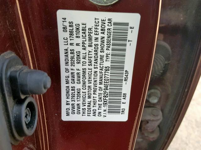 19XFB2F94EE077765 - 2014 HONDA CIVIC EXL MAROON photo 10