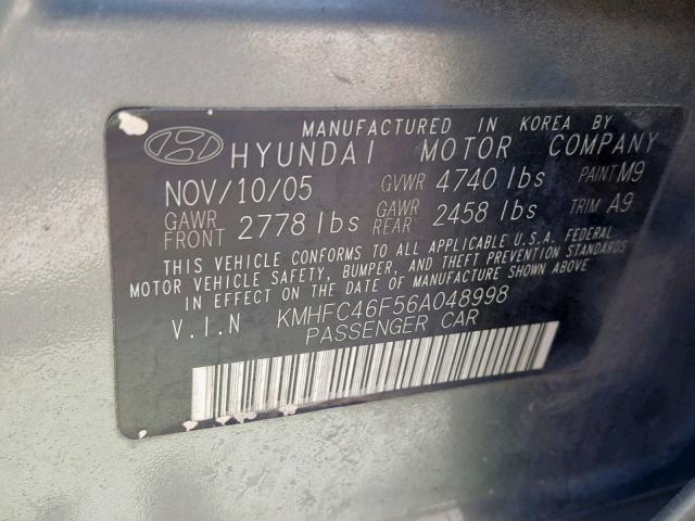 KMHFC46F56A048998 - 2006 HYUNDAI AZERA SE GREEN photo 10