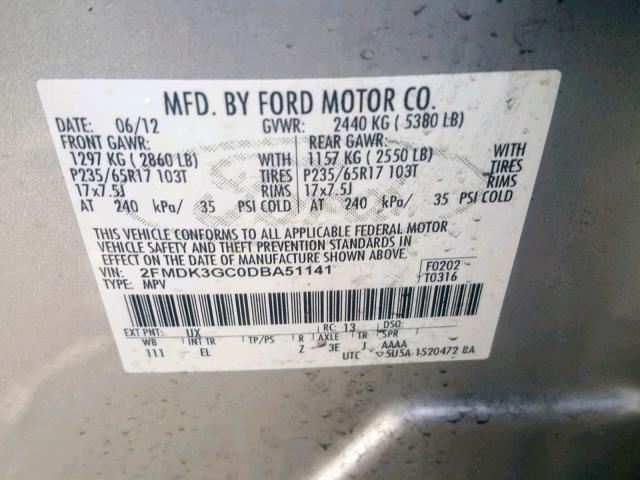 2FMDK3GC0DBA51141 - 2013 FORD EDGE SE SILVER photo 10