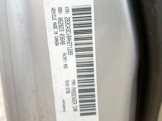 2B3CA3CV8AH271289 - 2010 DODGE CHARGER SX SILVER photo 10