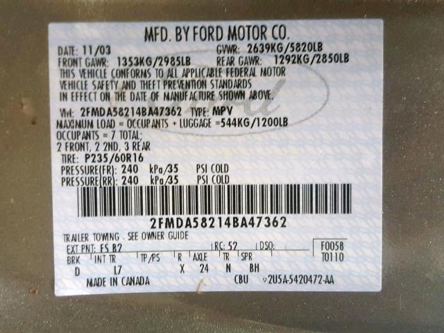 2FMDA58214BA47362 - 2004 FORD FREESTAR L GRAY photo 10