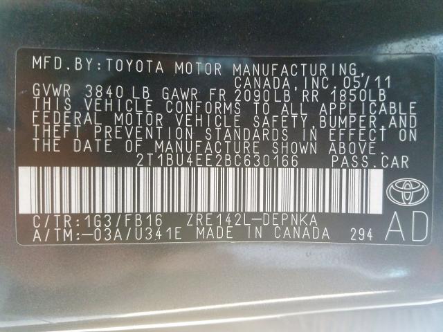 2T1BU4EE2BC630166 - 2011 TOYOTA COROLLA BASE  照片 10