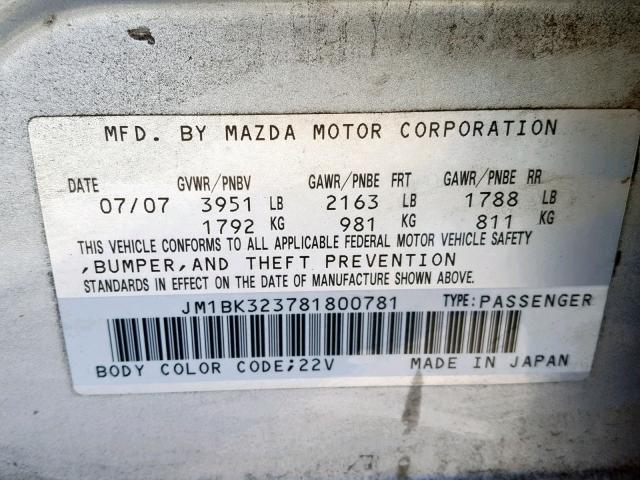 JM1BK323781800781 - 2008 MAZDA 3 S SILVER photo 10