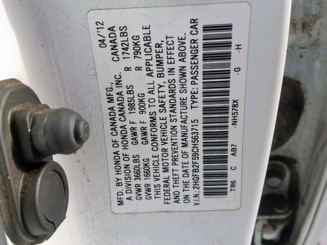 2HGFB2F59CH563715 - 2012 HONDA CIVIC LX WHITE photo 10