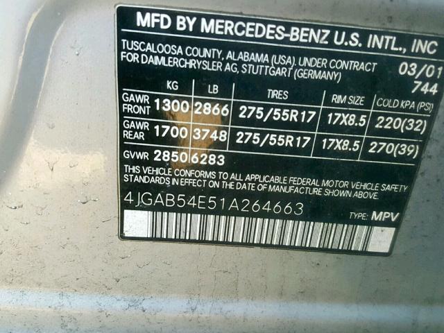 4JGAB54E51A264663 - 2001 MERCEDES-BENZ ML 320 GRAY photo 10