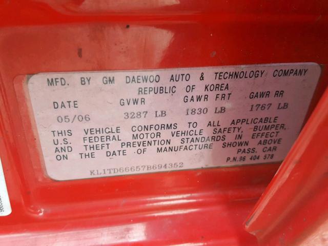 KL1TD66657B694352 - 2007 CHEVROLET AVEO BASE წითელი ფოტო 10