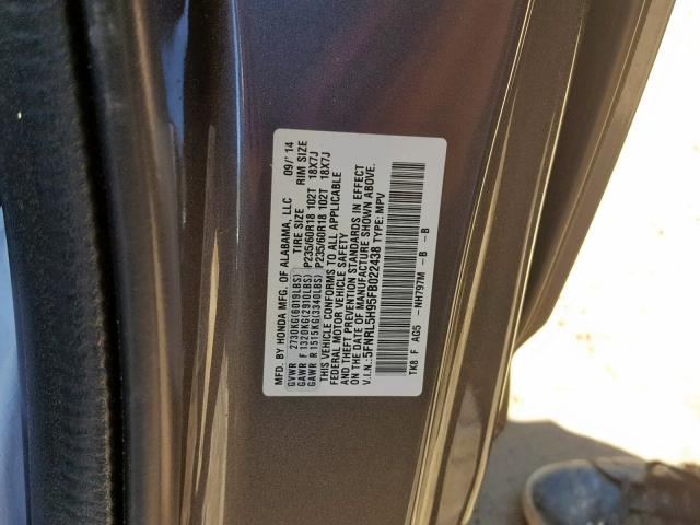 5FNRL5H95FB022438 - 2015 HONDA ODYSSEY TO GRAY photo 10