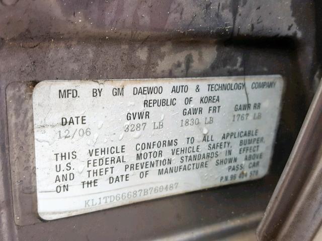 KL1TD66687B760487 - 2007 CHEVROLET AVEO BASE Сұр фото 10