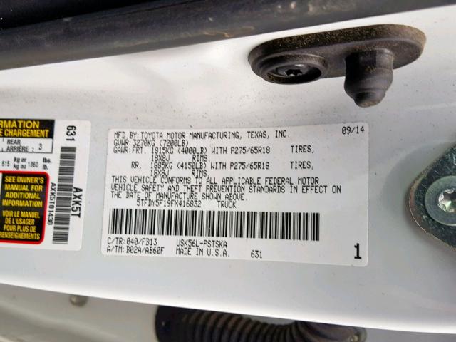 5TFDY5F19FX416832 - 2015 TOYOTA TUNDRA CRE WHITE photo 10