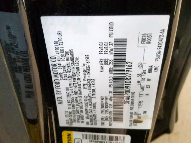 3FA6P0D91DR279162 - 2013 FORD FUSION TIT BLACK photo 10