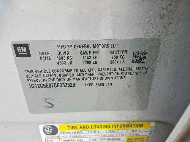 1G1ZC5E07CF333326 - 2012 CHEVROLET MALIBU 1LT 银色 照片 10