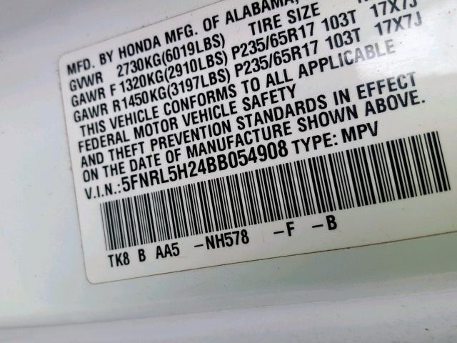 5FNRL5H24BB054908 - 2011 HONDA ODYSSEY LX WHITE photo 10