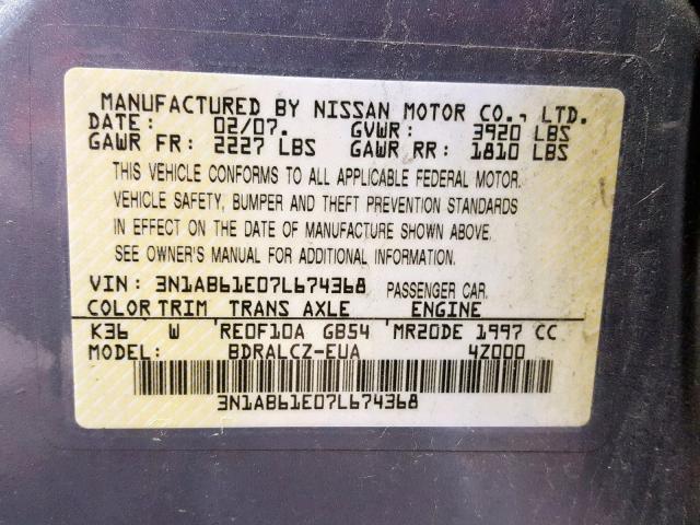 3N1AB61E07L674368 - 2007 NISSAN SENTRA 2.0 SILVER photo 10