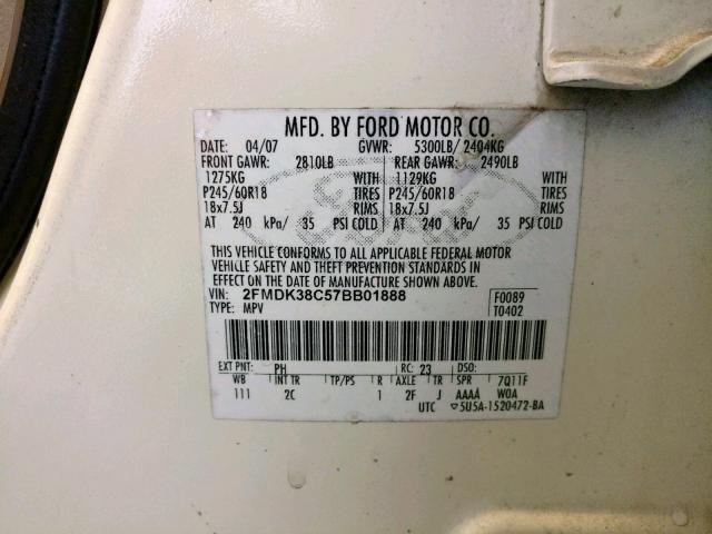 2FMDK38C57BB01888 - 2007 FORD EDGE SEL WHITE photo 10