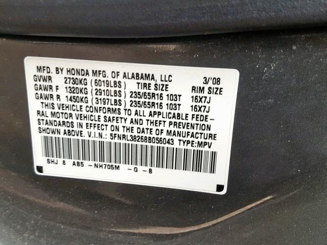 5FNRL38268B056043 - 2008 HONDA ODYSSEY LX GRAY photo 10