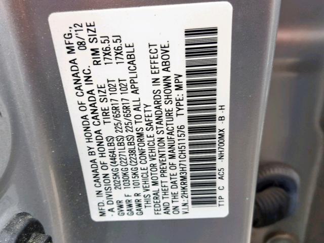 2HKRM3H71CH511576 - 2012 HONDA CR-V EXL SILVER photo 10