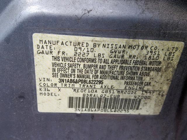 3N1AB6AP0BL622295 - 2011 NISSAN SENTRA 2.0 SILVER photo 10