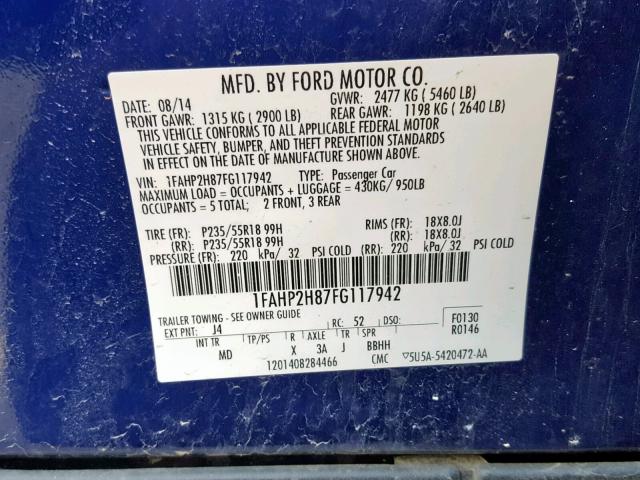 1FAHP2H87FG117942 - 2015 FORD TAURUS SEL BLUE photo 10