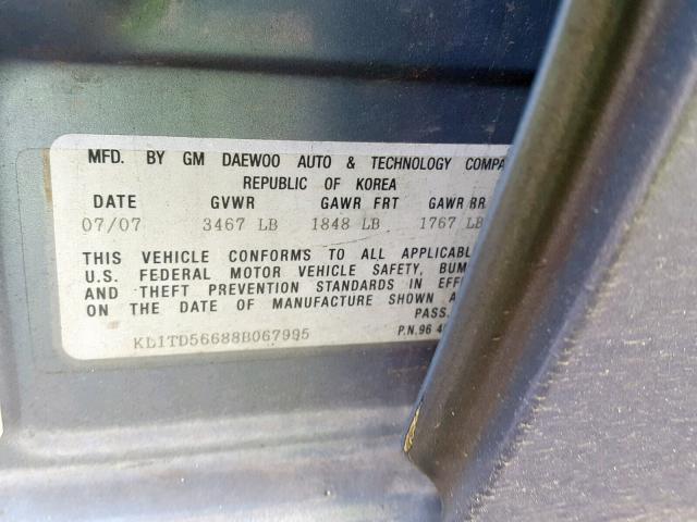 KL1TD56688B067995 - 2008 CHEVROLET AVEO BASE Mavi foto 10