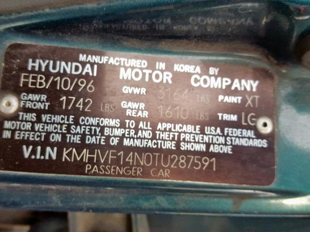 KMHVF14N0TU287591 - 1996 HYUNDAI ACCENT BAS GREEN photo 10