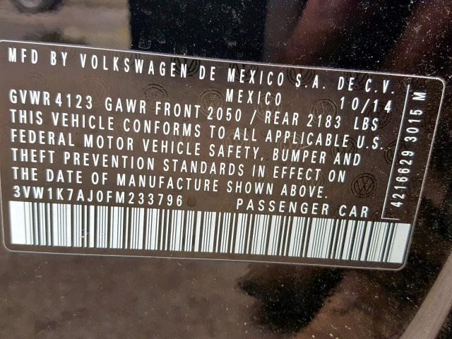 3VW1K7AJ0FM233796 - 2015 VOLKSWAGEN JETTA BASE BLACK photo 10