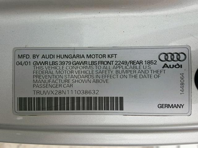 TRUWX28N111038632 - 2001 AUDI TT QUATTRO SILVER photo 10