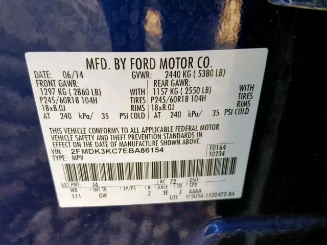 2FMDK3KC7EBA86154 - 2014 FORD EDGE LIMIT BLUE photo 10