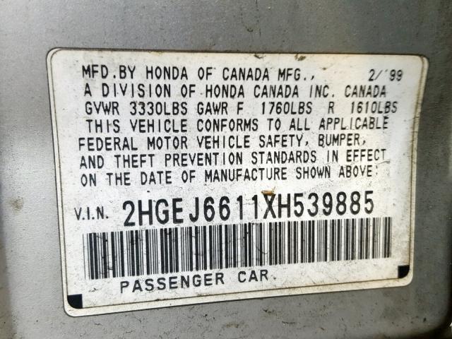 2HGEJ6611XH539885 - 1999 HONDA CIVIC BASE SILVER photo 10