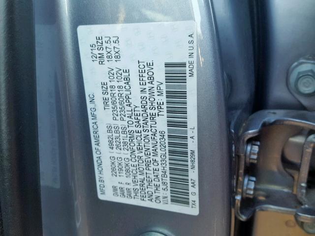 5J8TB4H33GL020346 - 2016 ACURA RDX GRAY photo 10