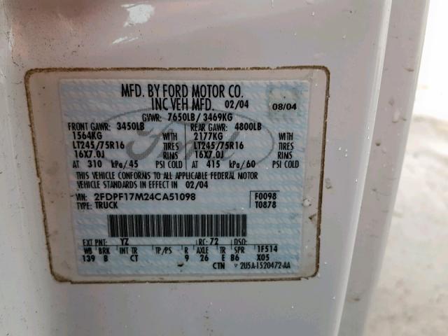 2FDPF17M24CA51098 - 2004 FORD F-150 HERI WHITE photo 10