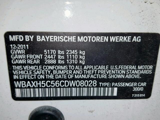 WBAXH5C56CDW08028 - 2012 BMW 528 XI WHITE photo 10