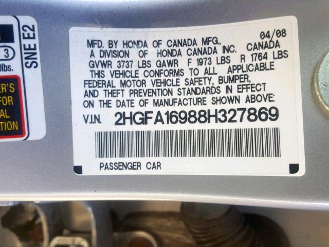 2HGFA16988H327869 - 2008 HONDA CIVIC EXL SILVER photo 10