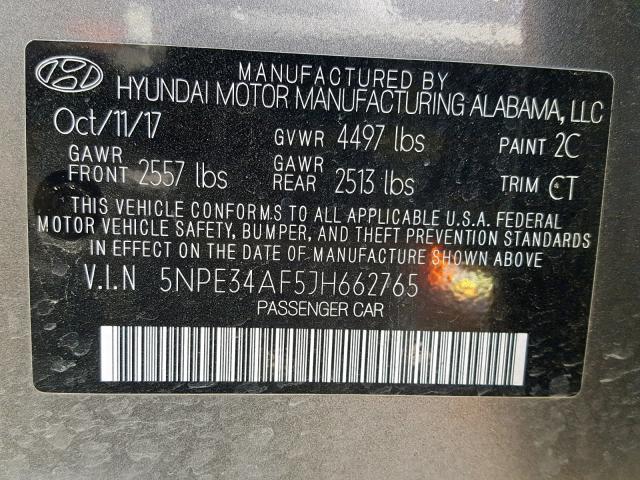 5NPE34AF5JH662765 - 2018 HYUNDAI SONATA SPO CHARCOAL photo 10