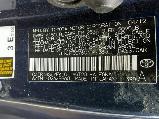 JTKJF5C76C3044363 - 2012 TOYOTA SCION TC BLUE photo 10