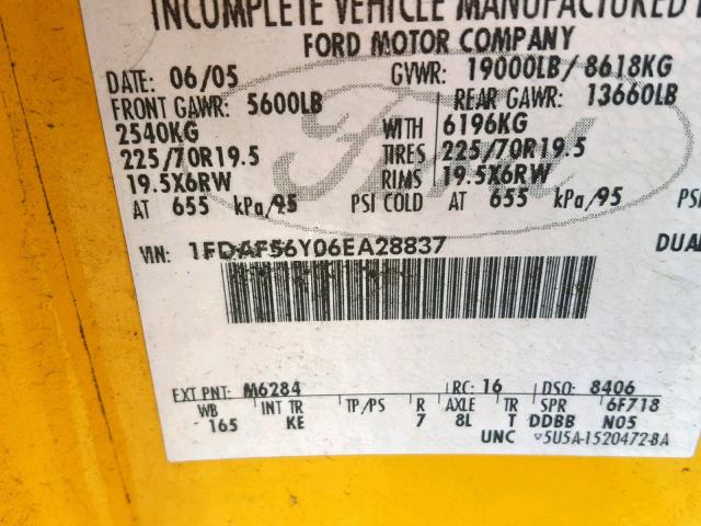 1FDAF56Y06EA28837 - 2006 FORD F550 SUPER YELLOW photo 10