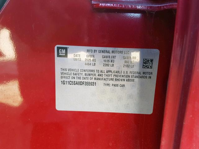 1G11C5SA8DF355931 - 2013 CHEVROLET MALIBU 1LT 红色 照片 10