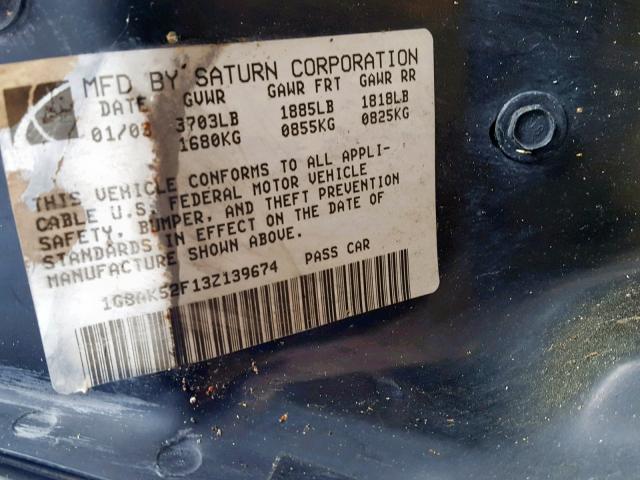 1G8AK52F13Z139674 - 2003 SATURN ION LEVEL BLUE photo 10