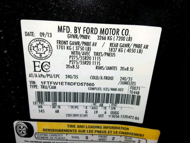 1FTFW1ET6DFD57560 - 2013 FORD F150 SUPER BLACK photo 10