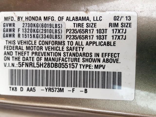 5FNRL5H28DB055157 - 2013 HONDA ODYSSEY LX  photo 10