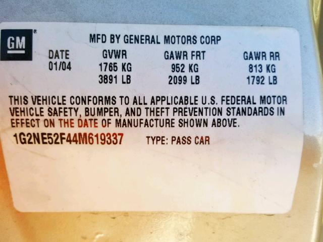 1G2NE52F44M619337 - 2004 PONTIAC GRAND AM S BEIGE photo 10