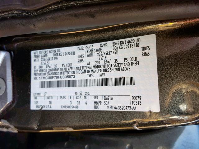 1FMCU0F70FUC35873 - 2015 FORD ESCAPE S GRAY photo 10