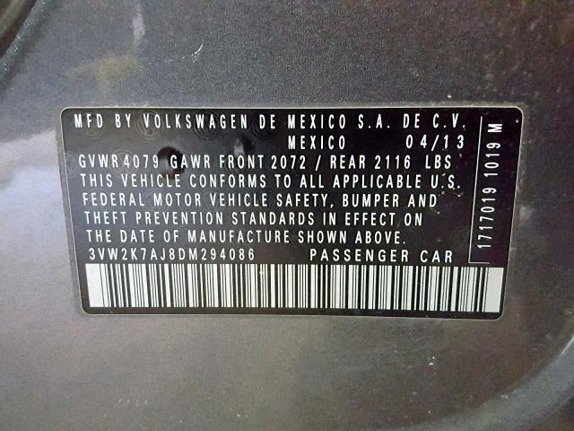3VW2K7AJ8DM294086 - 2013 VOLKSWAGEN JETTA BASE GRAY photo 10