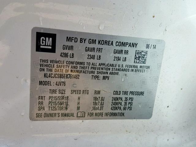 KL4CJCSB5EB761462 - 2014 BUICK ENCORE WHITE photo 10