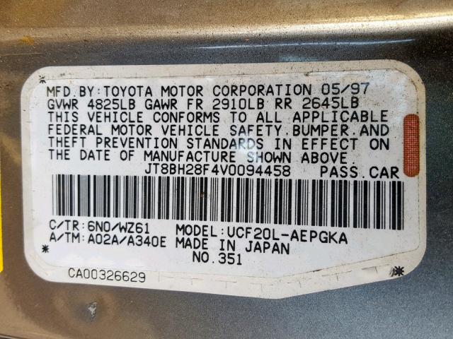 JT8BH28F4V0094458 - 1997 LEXUS LS 400 GRAY photo 10