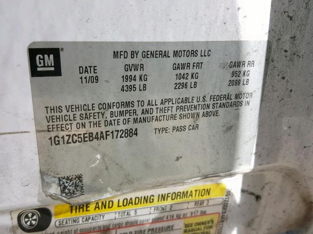 1G1ZC5EB4AF172884 - 2010 CHEVROLET MALIBU 1LT თეთრი ფოტო 10